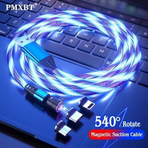 540 Degree Roating Magnetic Cable Flowing Light LED Micro USB Cable for iPhone Huawei Type C Charging Xiaomi Magnet Charger Cord