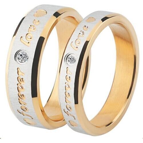 Stainless steel titanium gold inlaid zircon couple rings Creative