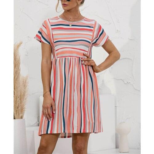 New Womens Casual Boho Beach Dresses Party Summer Dress Short Sleeve Loose Mini Dress Striped Print Stitching Round Neck Sexy