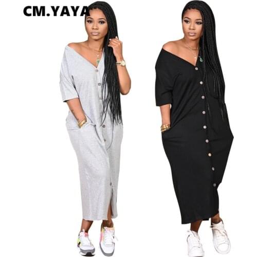 CM.YAYA Autumn Solid Button Up Women Half Sleeve V-neck Maxi Slit Dress Activewear Sport Bodycon Long Dresses Vestdios