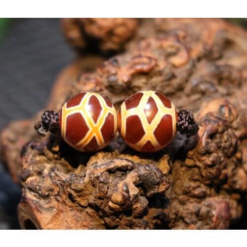 A Pair of Magic Tibetan Old Agate Red Color Tortoise Shell Longevity dZi Bead R1 Timestown UPD210106A