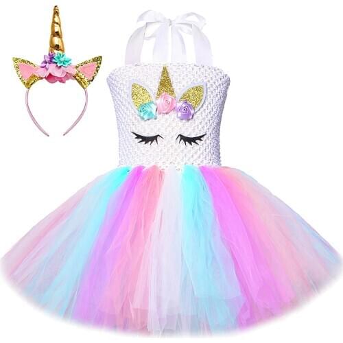 Pastel Unicorn Tutu Dress for Girls Princess Unicorn Birthday Costume Kids Girl Halloween Christmas Dress Outfit with Headband