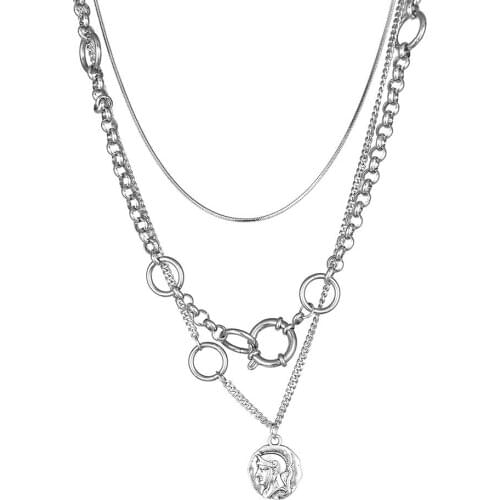 Retro Knight Pendant Necklaces Punk Multi Layer Round Party Stainless Steel Necklace Women Gothic Valentines Day Gift