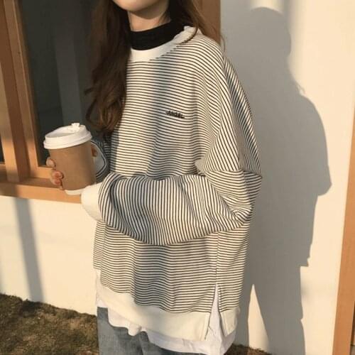 HOUZHOU Stripe Causal Hoodies Women Harajuku Loose Korean Style Basic O Neck White Pullovers Oversized All Match Sweatshirt Thin
