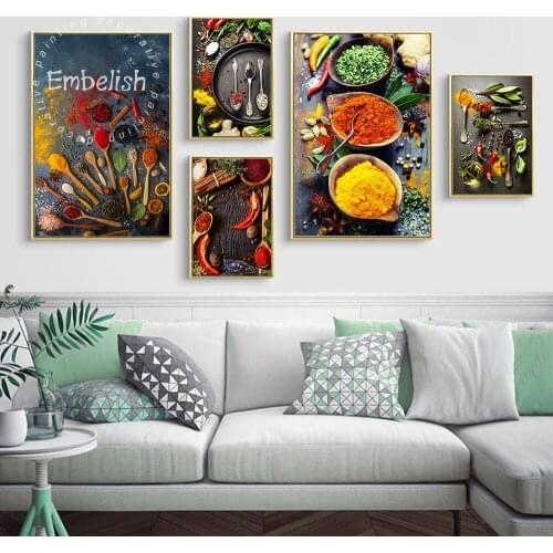 Embelish Peppers Grains Spoons Scandinavian Posters Home Kitchen Decor Wall Art Food Picture HD C anvas Painting For Living Room