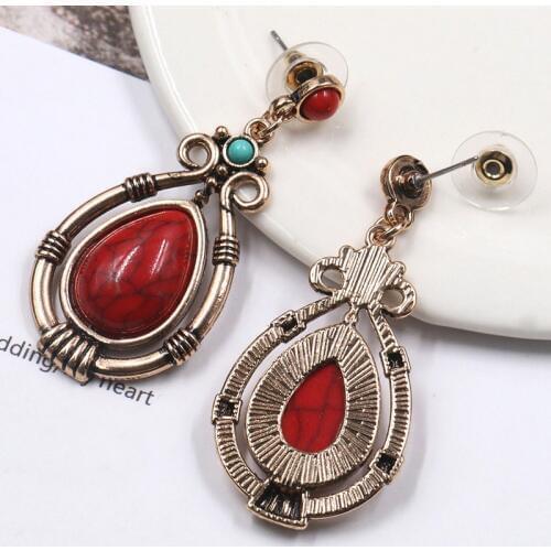 Handmade Stone Women Drop Earring Dangle Water Drop Gold Green Red Peach Ancient Silver Heart Wholesale Fashion Jewelry