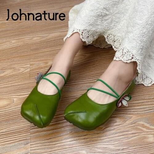 Johnature 2021 New Flats Women Shoes Elastic Band Genuine Leather Square Toe Concise Spring/Summer Handmade Leisure Ladies Shoes