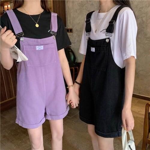 Women Summer Korean Preppy Style Jumpsuit Denim Overalls Casual Jeans Shorts Womens Rompers Tide Retro Sleeveless Denim D205