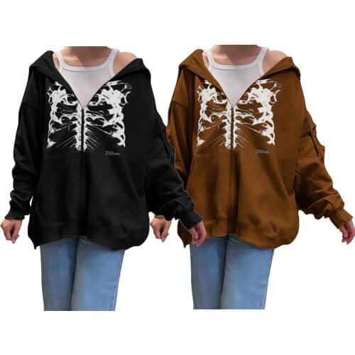 Women Hooded Sweater Adults Skeleton Print Long Sleeve Cardigan with Drawstring Pocket
