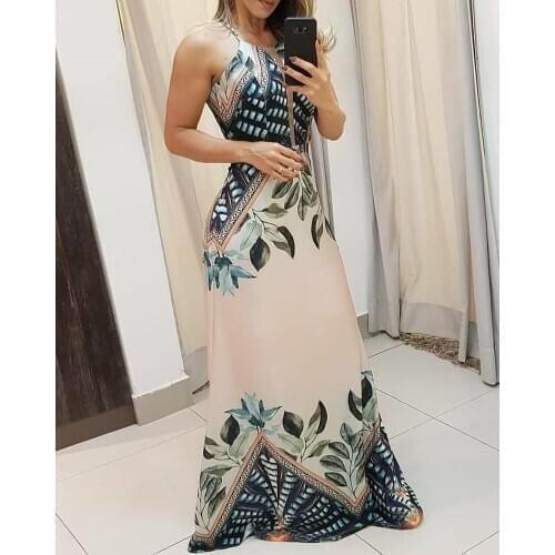 Vintage Sleeveless Women Tripical Print Spaghetti Strap Maxi Dress Party Dress Elegant Maxi Dress