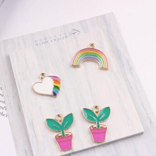 10PCS Gold Color Tone Zinc Alloy Jewelry Enamel Rainbow Heart Potted Plants Charm Fit DIY New Style Bracelets Jewelry Making