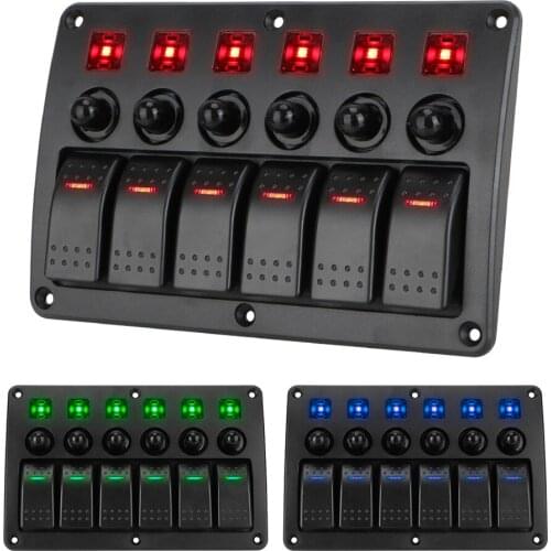 12~24V Circuit Control Waterproof 6 Gang Marine Rocker Switch Panel with Sticker LED Light Car Switch Panel