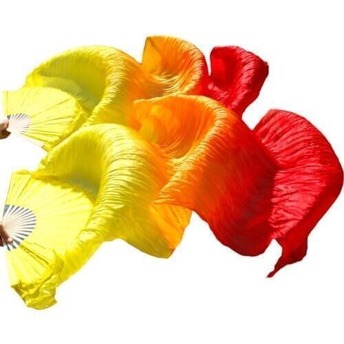 2018 female high quality Chinese silk veils dance fans Pair of belly dancing fans cheap hot sale Yellow +orange + Red