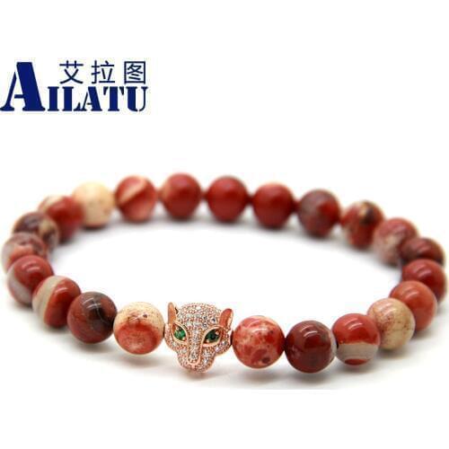 Ailatu Men Jewelry Wholesale 8mm Red Stone Beads Micro Inserts Zircon Leopard Head Bracelet High Quality