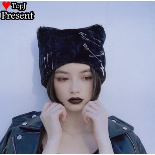 Harajuku Punk Gothic Cross Pin Cat Ears Plush Black Berets Autumn Winter Warm Bucket Hat Women Girls Gothic Lolita cosplay hat