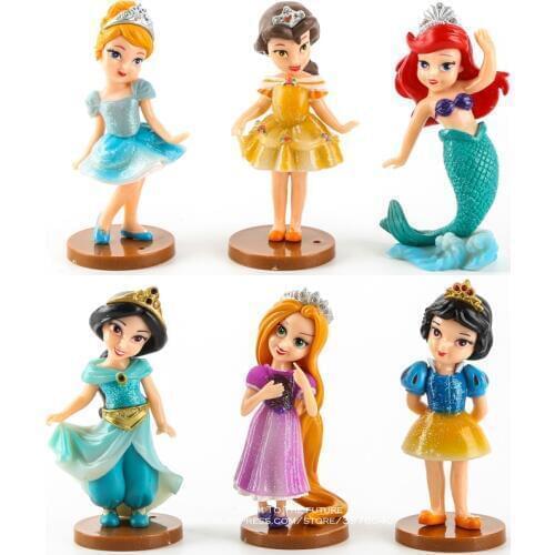 Disney Princess Snow White Rapunzel Jasmine Think bell Bella Ariel 9cm 6pcs/set Action Figure Anime Mini Figurine Toy model gift