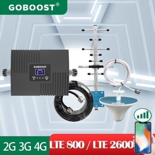 GOBOOST Cellular Signal Booster LTE 800 2600 4G Amplifier 65DB Network Repeater Display Cell Phone Antenna Cable a Set for Home