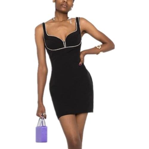 Hot Sale Women Summer Fashion Sexy O Neck Beading Black Mini Bodycon Bandage Dress 2021 Elegant Evening Party Dress Vestidos