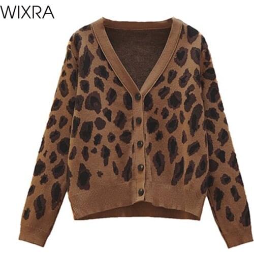 Wixra Womens Leopard Cardigan Sweater Autumn Single Breasted V-Neck Streetwear Full Sleeve Female Knitted Tops