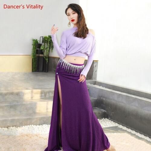 Belly Dance Suit Round Neck Top Long Sleeve Split Skirt Performance Clothes Set Female Adult Elegant Competition Clothing