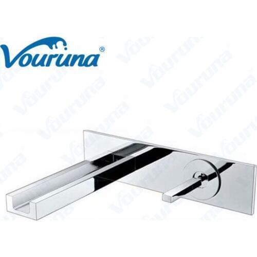 Vouruna Square Style Waterfall Basin Faucet Wall Mounted Bathroom Sink Mixer Tap Vessel Wall Basin Spout Set Chrome