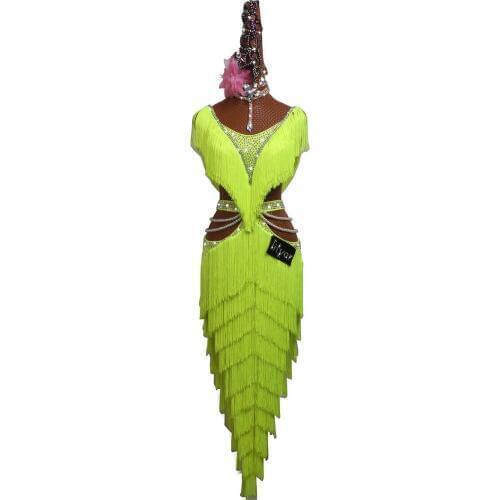 New Latin Dance Dress light green Fringe Dress Sexy Backless Salsa Dress ChaCha Rumba Competition Dancing Dress Women