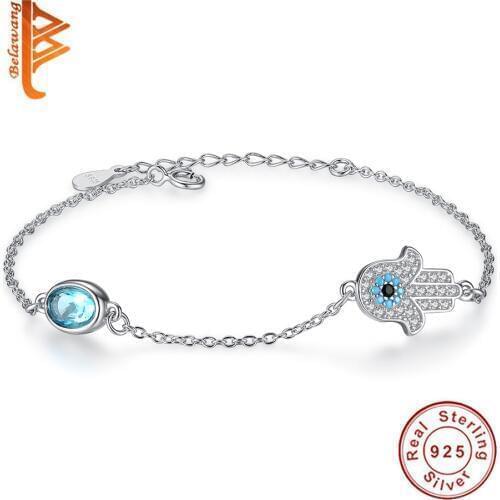 Wholesale Trendy 925 Sterling Silver Hamsa Hand Blue Crystal Pendant Bracelet for Women Party Wedding Jewelry Accessories