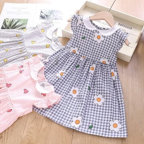 Baby girl summer sleeveless plaid love dress kids casual peter pan collar a-line dress