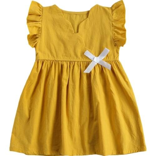Girls Casual Princess Dress, Yellow V-neck Fly Sleeves Bow Knot Pattern Short One-piece