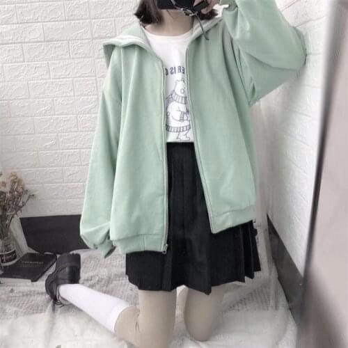 QWEEK Navy Zip Up Hoodie for Girls Kawaii Sailor Collar Sweatshirt Green Lantern Sleeve Cute Top Japan Style Oversize Casual New
