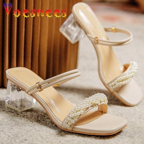 Square Toe String Bead Slippers Summer Transparent Square Heel Sandals One Word Med High Heels Sweet Wedding Party Women Shoes