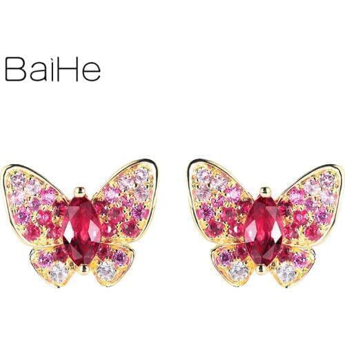 BAIHE Solid 14K Rose/Yellow Gold 0.70ct Natural Ruby+Pink sapphirs Wedding Trendy Fine Jewelry butterfly Stud Earrings Women