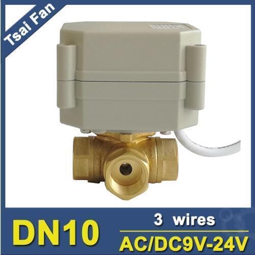 TF10-BH3-A Brass DN10 3 Way T/L Type 3/8'' Horizontal Electric Water Valve AC/DC9V-24V 3 Wires Metal Gear For Water Application
