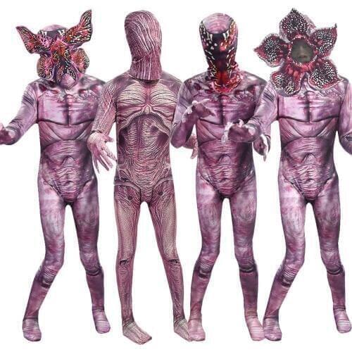 Halloween Women Men Scary Demogorgon Biochemical Zombie Cosplay Costume Mask Headgear Set Carnival Digusting Men-eater Outfit