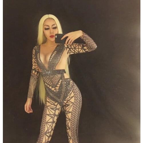 Customize Women Sexy Jumpsuit Nightclub Party Singer Dancer Costume Sparkling Crystals Bodysuit Bling Women Birthday Clothing