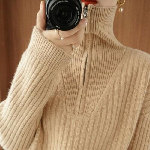 Women 2021 Autumn Winter Elegant High Neck Zipper Front Knitted Sweater Female Solid Basic Pullover Ladies Fashion Clothing Y305