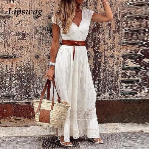 Women Summer Elegant V-Neck Short Sleeve Long Dress Lady Fashion Embroidery Hollow Out Party Dress Autumn Casual Maxi Dress Belt