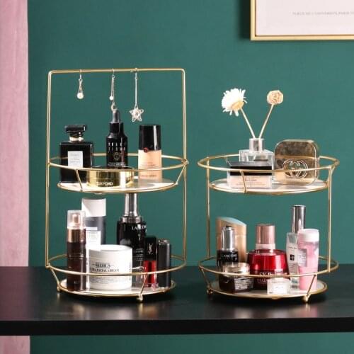 Gold Double-layer Storage Rack Shelf Cosmetic Storage Tray Room Necklace Earrings Jewelry Metal Jewelry Rack Round Storage Box