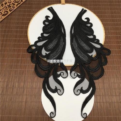 2 Mirror Pairs Black Fine Mesh Beautiful Flower Lace Silk Embroidery Cloth Patch DIY Clothing Lace Applique 10X30cm BD0679