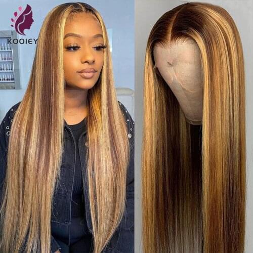 Highlight Blonde Lace Front Human Hair Wigs Brazilian Straight Lace Front Wig HD lace Frontal Wig Pre Plucked T Part Lace Wig