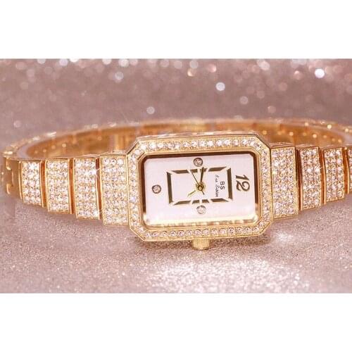 BS Brand Women Watches Luxury Rhinestone Ladies Quartz Gold Square Wrist Watches Women Clock Diamond Wristwatch Relogio Feminino