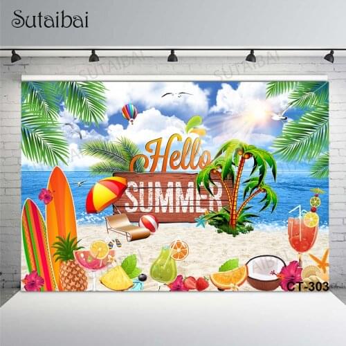 Summer Beach Background Cocount Tree Hot Air Balloon Backdrop for Photography Newborn Photo Shoot Surfboard Photographic Studio