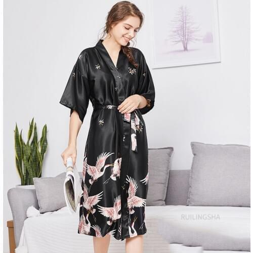 Spring Summer Satin Silk Bathrobe Plus Size Kimono Fleece Robe Winter Women Crane Print Half Sleeve Long Bath Robe Robes
