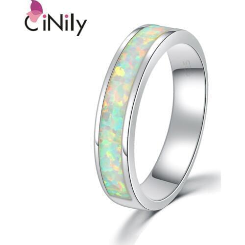 CiNily Plain White Fire Opal Stone Couples Lovers Rings Silver Plated Wedding Bands Minimalist Jewelry Best Gift Women Men Girls