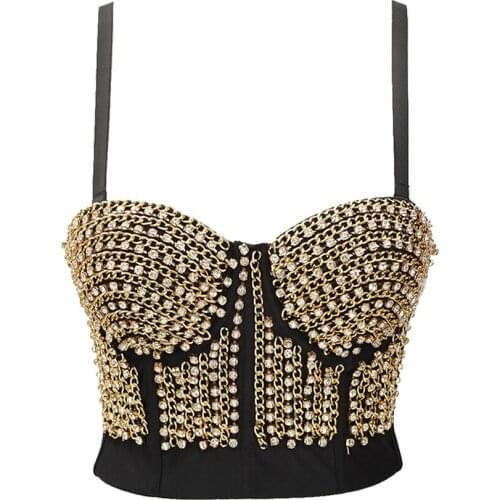 Short Sexy Metal Chain Rhinestone Top Female Nightclub Party Crop Top Tank Top With Built In Bra Women Camis Push Up Bralette