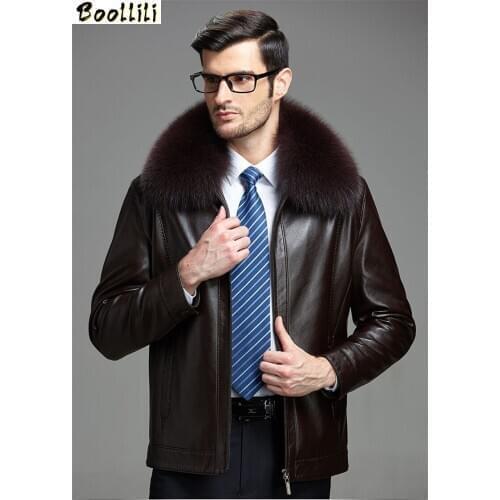 Boollili Real Fox Fur Collar Leather Jackets Black Man Coat Padded Winter Jacket Men Waterproof Coats Plus Size 4XL Abrigo