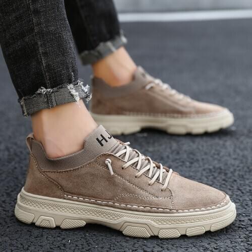 Sneakers Men Shoes Casual Natural Leather Fashion Outdoor Shoe Male Suede Lightweight Vintage Footwear Lace-up Solid Sock Shoes