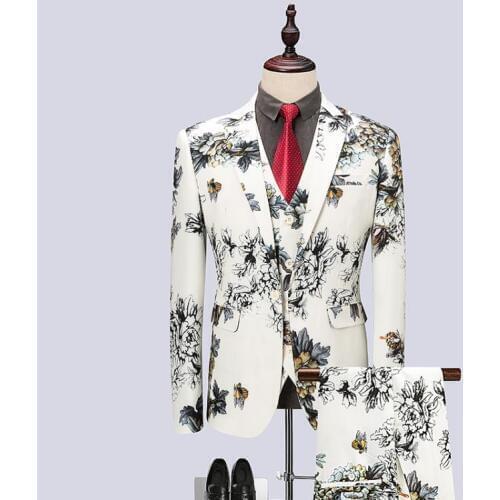 Jacket+Vest+Pants) 2019 Flower Pringting Men Suits Fashion Tuxedo Slim Fit Business Wedding Suit Men Terno Masculino Suit Men