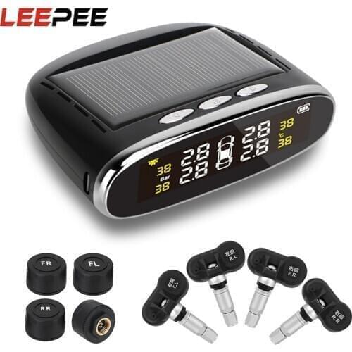 LEEPEE Solar Power TPMS Car Tire Pressure Alarm Monitor System Intelligent Temperature Alert With 4 Internal/External Sensor