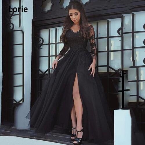 Lorie Lace Evening Dresses Black Illusion Long Sleeveless Elegant Formal Prom Gown with Split Princess Party Dresses Plus Size